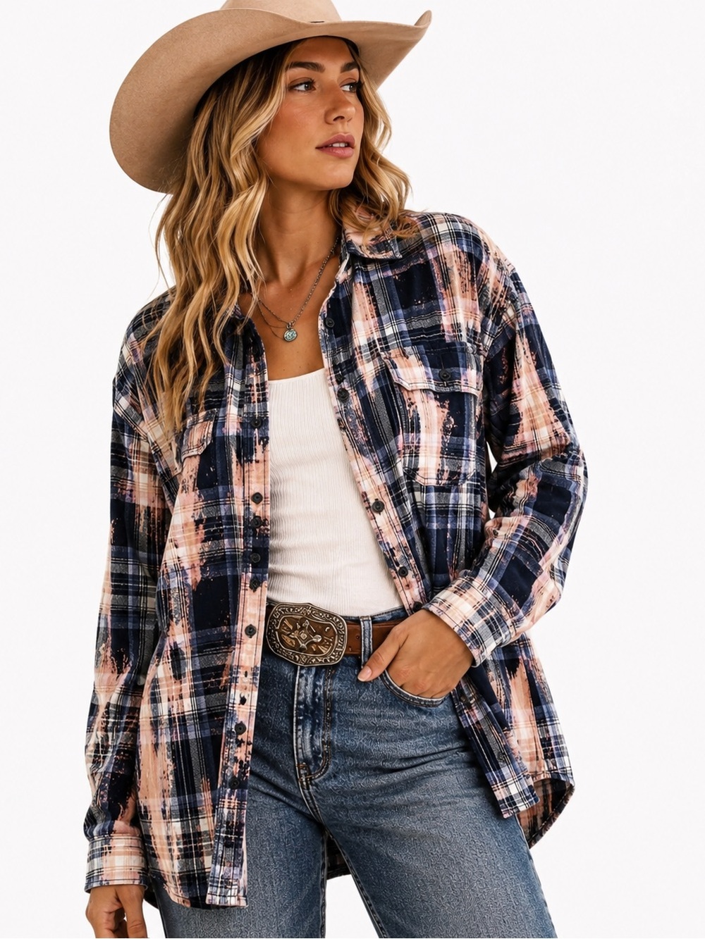 Franklin Flannels Upcycled Bleached Plaid Button Front Shirt Small Blue Pink